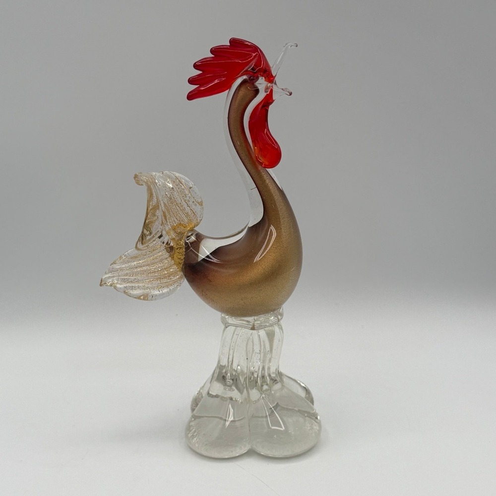Vintage Murano Style Art Glass Rooster Figurine Red Amber Clear Italy Style 8"